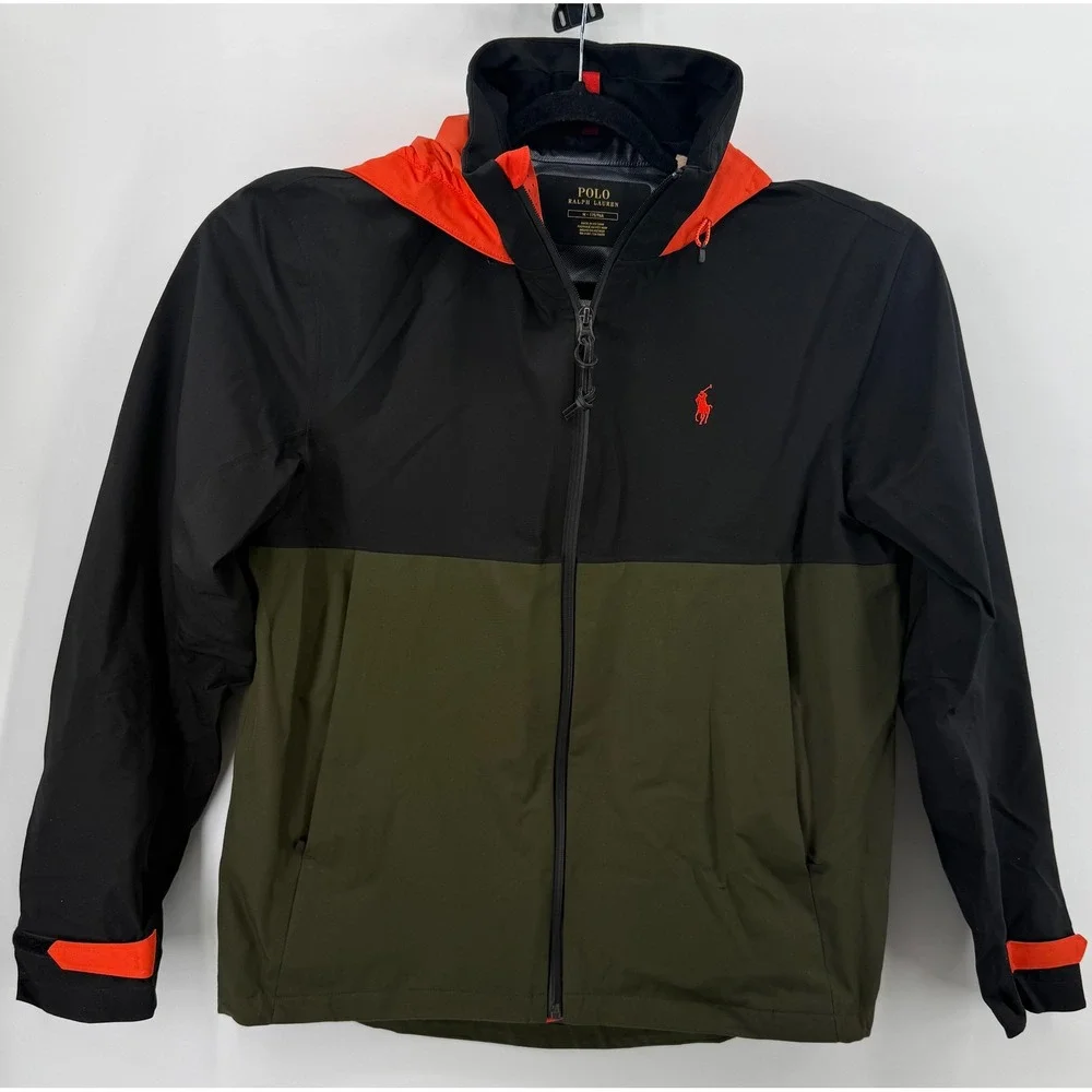 Polo Ralph Lauren Mens Colorblock Hooded Windbreaker Jacket Black Green Orange M